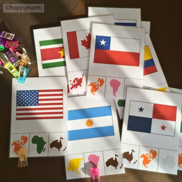 Montessori country-to-continent clip cards with flags and continent silhouettes. Includes flags of the USA, Argentina, Canada, and more. Perfect for geography activities, homeschool learning, and hands-on classroom use.