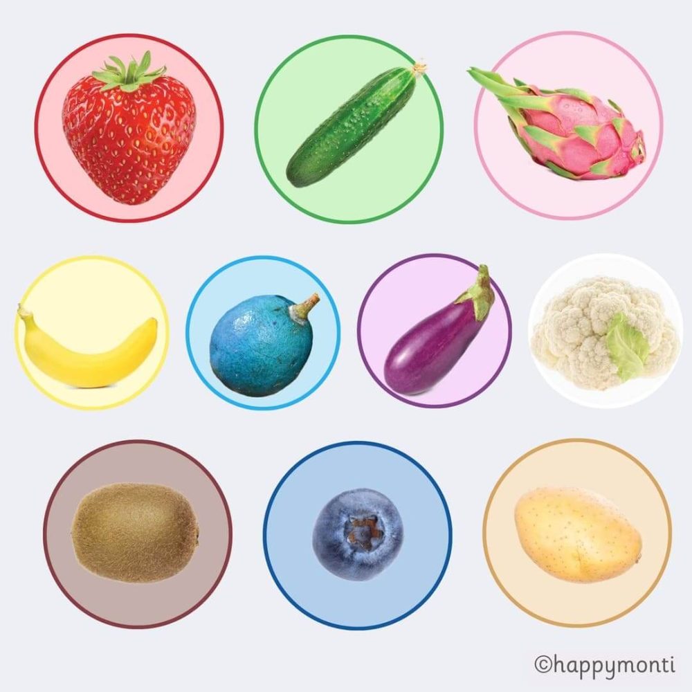 Isolated images of fruits and vegetables included in the Montessori number sense worksheets: strawberry, cucumber, dragonfruit, banana, blue quangdong, aubergine, cauliflower, kiwi, blueberry and potato.
