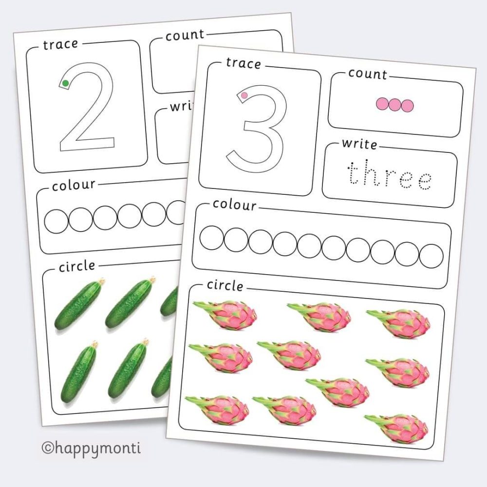 Montessori number sense activity worksheets for numbers 2 and 3 with tracing, counting beads, writing numerals and words, and circling fruits like cucumbers and dragon fruits. Ideal for early math development, fine motor skills, and Montessori or homeschool activities.