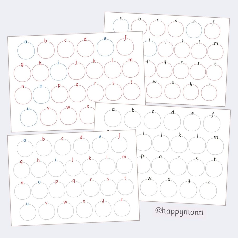 Montessori alphabet mats featuring lowercase letters from "a" to "z" with circular spaces for phonetic learning activities. Color-coded vowels and consonants for letter recognition and early literacy education. Designed by happymonti.