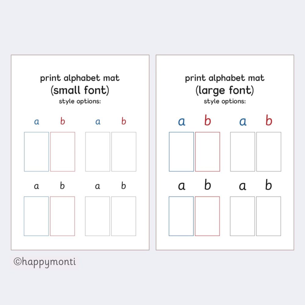 Printable alphabet mats with small and large font sizes, featuring tracing options for the letters 'a' and 'b' in blue and red, ideal for early literacy practice.