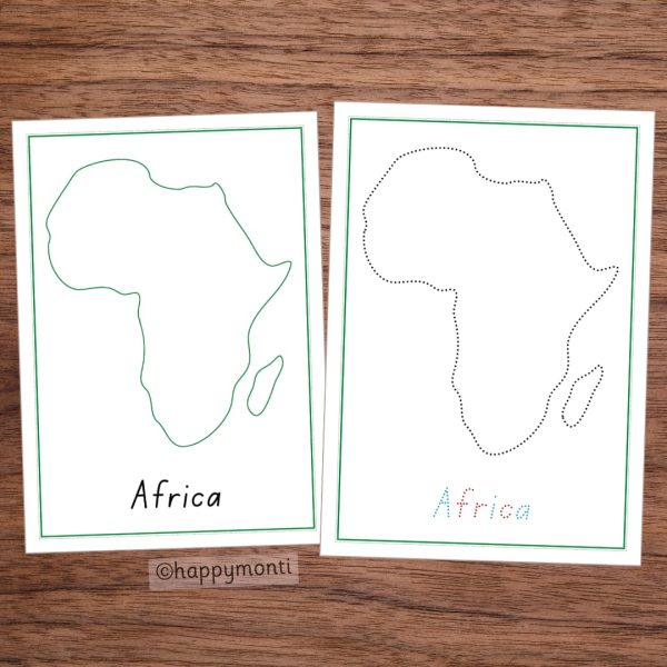 Montessori Africa tracing pages with outline and dotted versions for handwriting practice and geography lessons. Perfect for Montessori education and early learning activities.