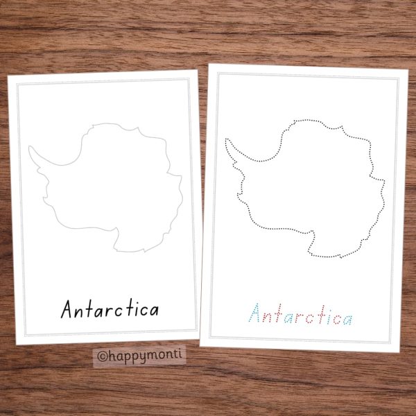 Montessori Antarctica tracing pages with outline and dotted versions for handwriting practice and geography lessons. Perfect for Montessori education and early learning activities.