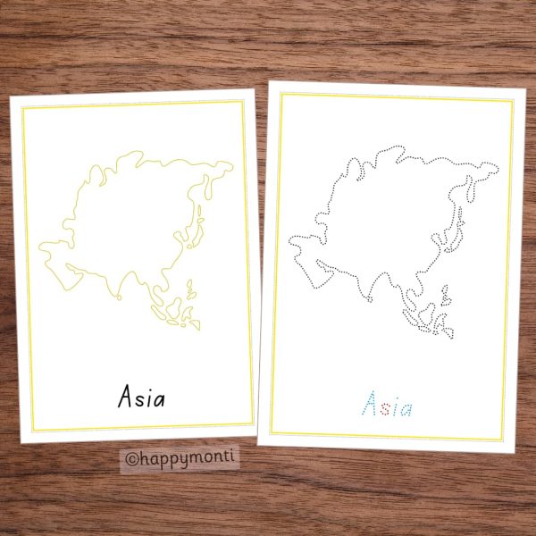 Montessori Asia tracing pages with outline and dotted versions for handwriting practice and geography lessons. Perfect for Montessori education and early learning activities.