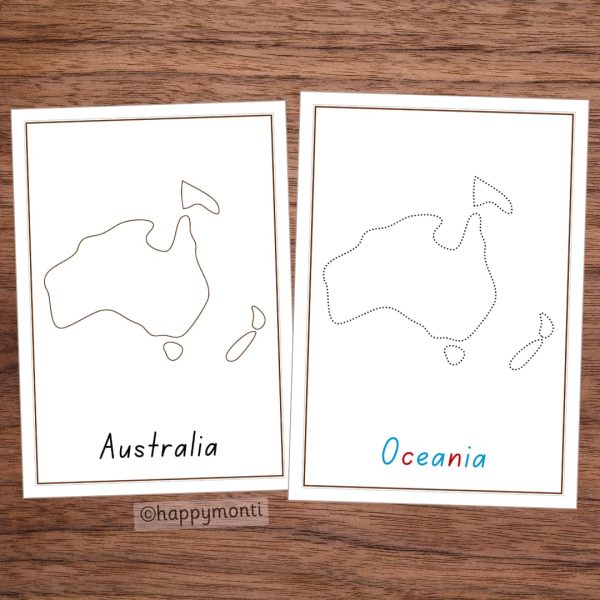 Montessori Australia / Oceania tracing pages with outline and dotted versions for handwriting practice and geography lessons. Perfect for Montessori education and early learning activities.