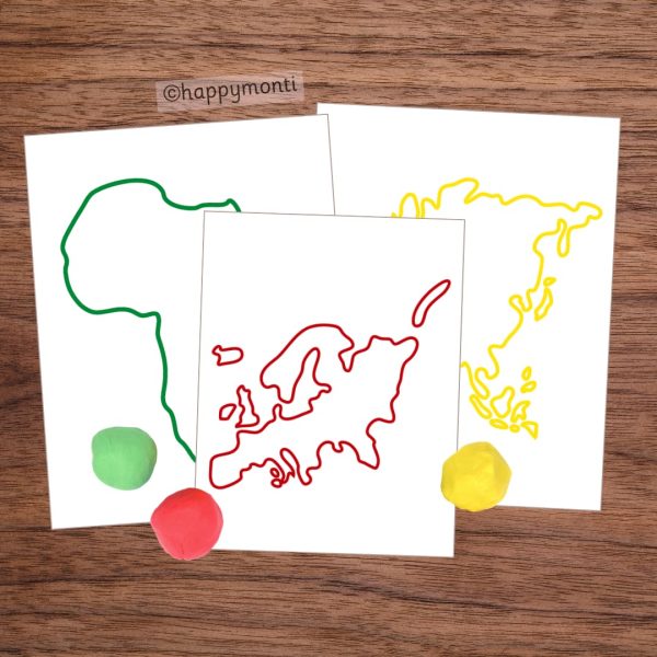 Montessori continent Play-Doh mats for Africa, Europe, and Asia with outline maps; shown with matching coloured Play-Doh. Perfect for geography, sensory play, and fine motor skill development in Montessori education or homeschooling.