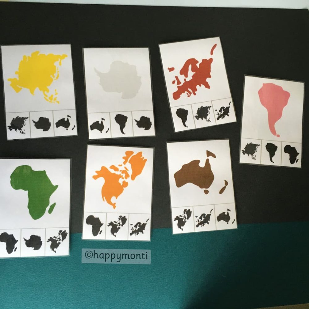 Montessori continent matching cards with colourful continents and black silhouettes on a dark background. Ideal for geography learning, Montessori activities, and homeschooling to build fine motor skills and cultural awareness.