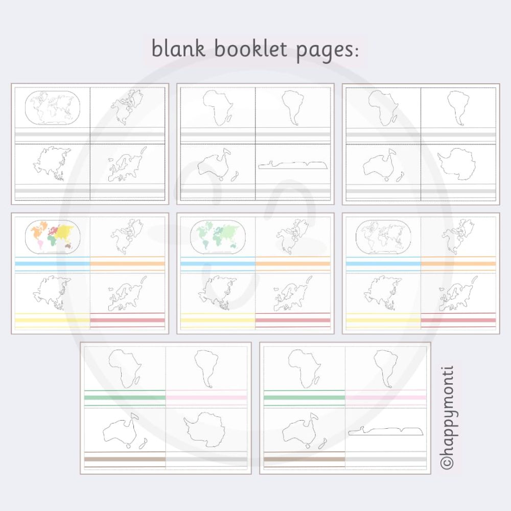 Blank Montessori booklet pages for continents, featuring outlines of Africa, South America, Oceania, Antarctica, Asia, Europe, and North America. Ideal for geography learning in Montessori classrooms or homeschool settings.