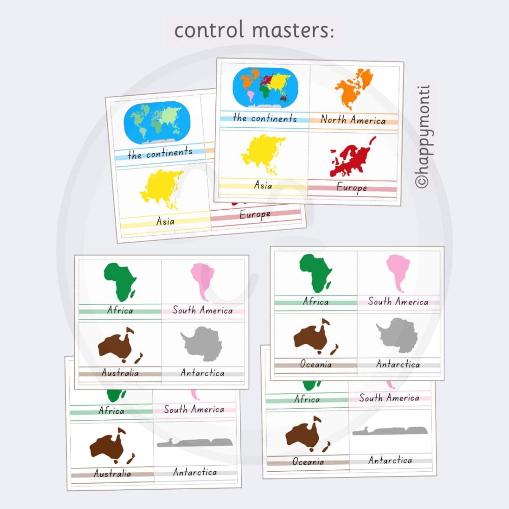 Montessori continents control masters with labeled, colour-coded continent illustrations for geography learning. Includes Asia, Europe, Africa, North America, South America, Australia, and Antarctica. Perfect for Montessori-inspired hands-on geography activities.