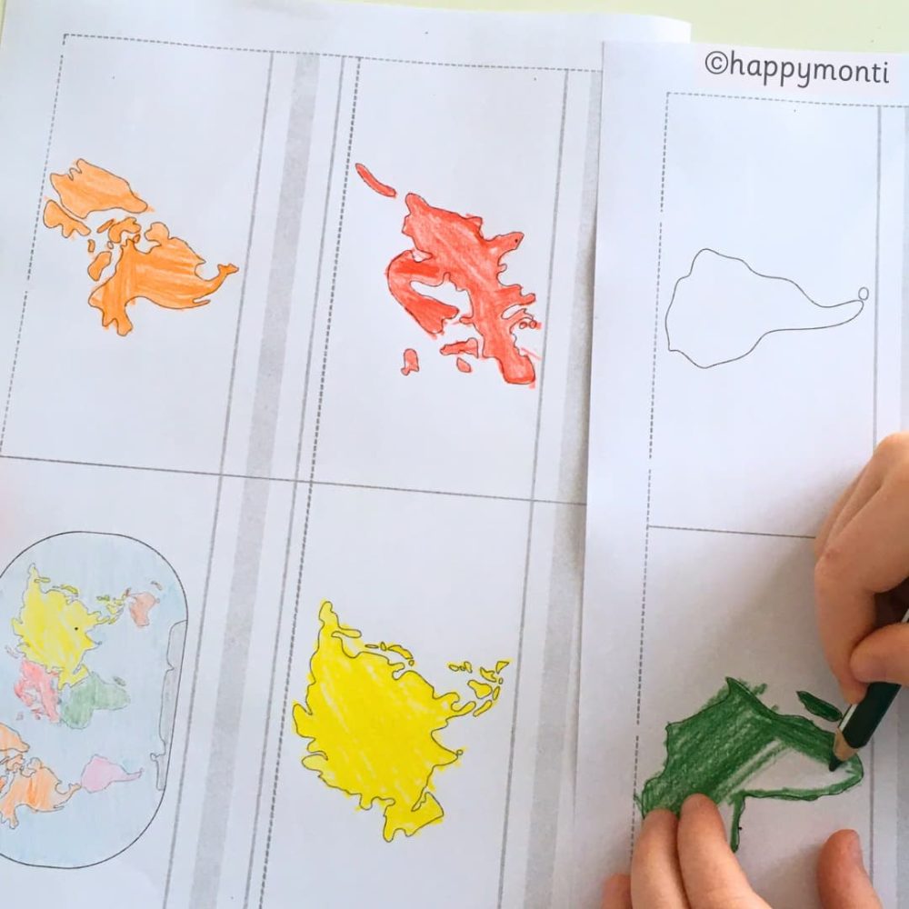 Montessori continents booklet activity with child colouring continent maps. Includes outlines for tracing, vibrant colours, and a world map illustration. Perfect for geography lessons, fine motor skills, and hands-on Montessori learning.