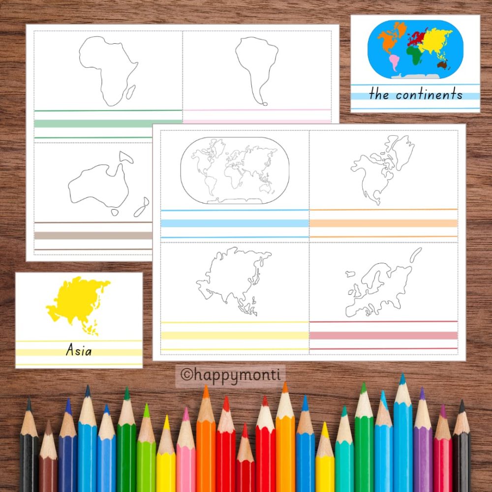 Montessori continents mini booklet for geography education. Includes continent outlines, colour-coded with Montessori continent colours, alongside reference cards. Perfect for hands-on learning, fostering creativity, and Montessori-inspired geography activities.