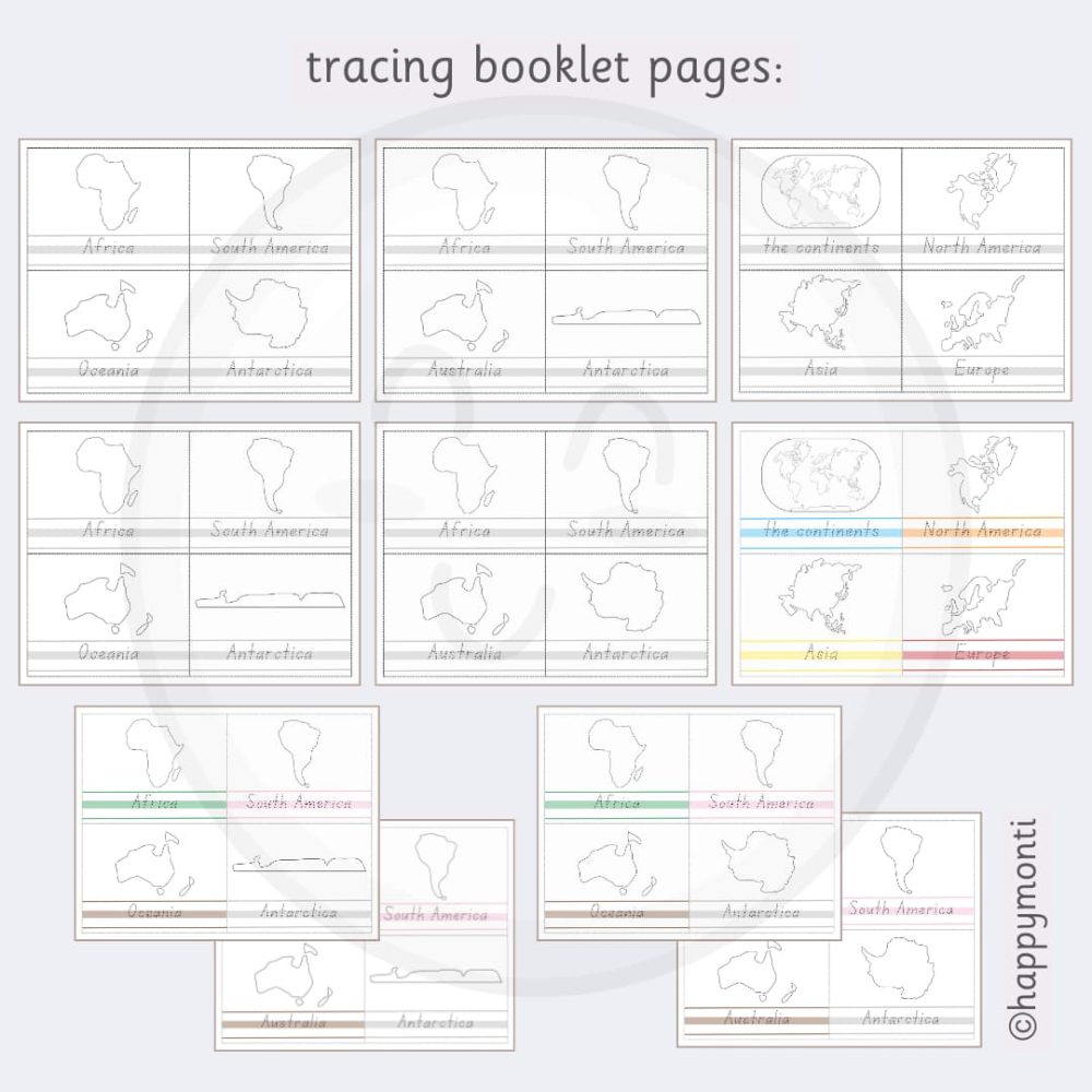 Montessori tracing booklet pages featuring continent outlines to colour and dotted labels for Africa, South America, Oceania, Antarctica, Asia, Europe, and North America. Perfect for hands-on geography learning in Montessori classrooms or at home.