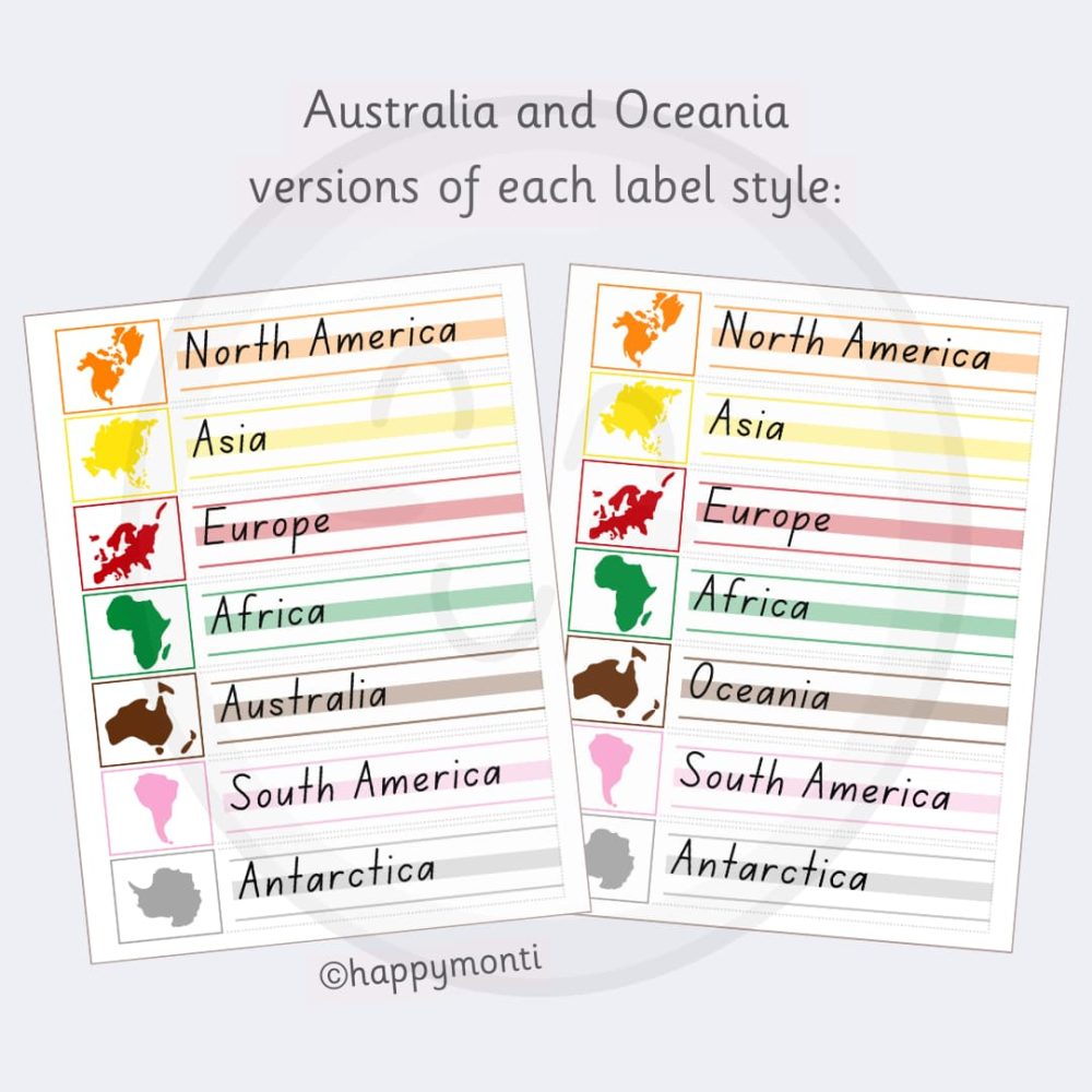 Montessori "Continents of the World" label sheets featuring versions for "Australia" and "Oceania." Includes colourful outlines and names for North America, South America, Europe, Africa, Asia, and Antarctica. Designed for Montessori geography lessons, write the room activities, and handwriting practice.