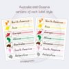 Montessori "Continents of the World" label sheets featuring versions for "Australia" and "Oceania." Includes colourful outlines and names for North America, South America, Europe, Africa, Asia, and Antarctica. Designed for Montessori geography lessons, write the room activities, and handwriting practice.