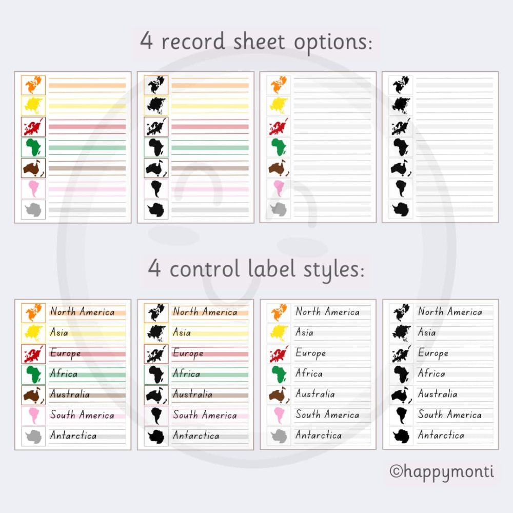 Montessori "Continents of the World" activity showcasing four record sheet options and four control label styles, including colorful and silhouette continent shapes for North America, South America, Europe, Africa, Asia, Australia, and Antarctica. Designed for geography learning, visual matching, and Montessori-inspired hands-on education.