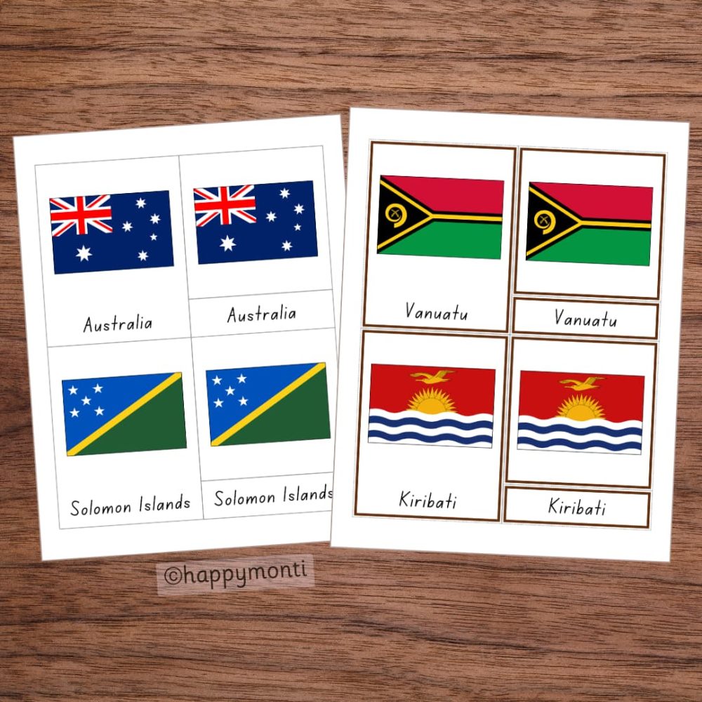 Montessori Flags of Australia 3-Part Cards for teaching geography. Features flags of Australia, Solomon Islands, Vanuatu, and Kiribati with matching labels for sorting and learning. Perfect for cultural studies and Montessori-inspired education.