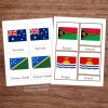 Montessori Flags of Australia 3-Part Cards for teaching geography. Features flags of Australia, Solomon Islands, Vanuatu, and Kiribati with matching labels for sorting and learning. Perfect for cultural studies and Montessori-inspired education.
