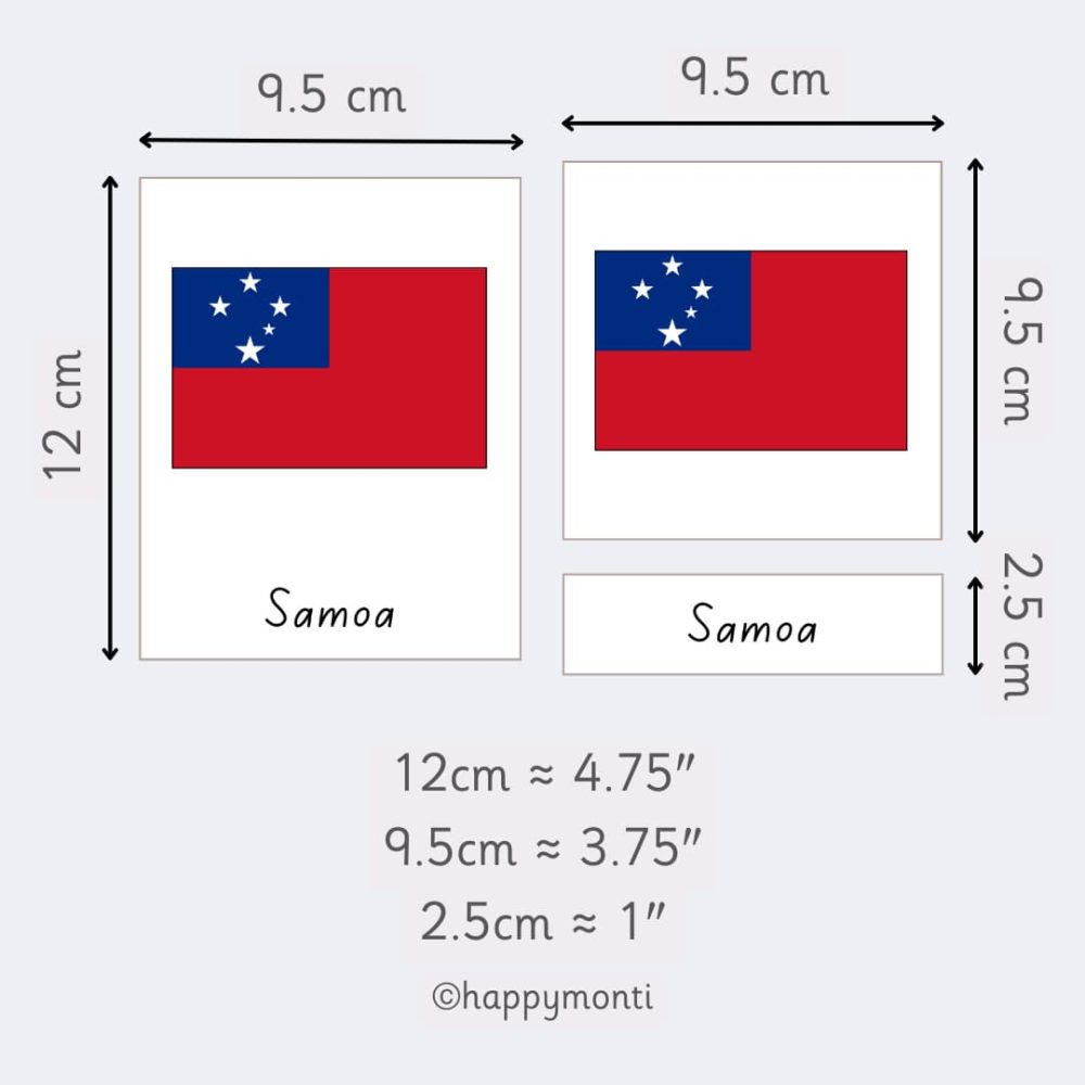 Montessori Flags of Australia 3-Part Cards dimensions for the Samoa flag. Includes full card and separated label sizes, ideal for Montessori geography activities and homeschooling.