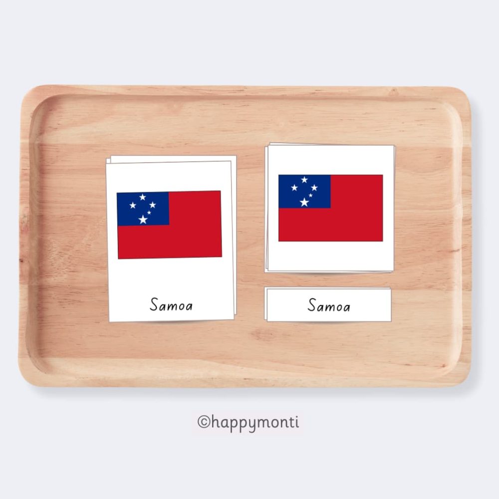 Montessori Flags of Australia 3-Part Cards featuring the Samoa flag on a wooden tray. Includes matching cards and labels for geography and cultural studies. Perfect for Montessori classrooms and homeschooling.