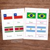 Montessori Flags of South America 3-Part Cards for teaching geography. Features flags of Chile, Suriname, Brazil, and Argentina with matching labels for sorting and learning. Perfect for cultural studies and Montessori-inspired education.