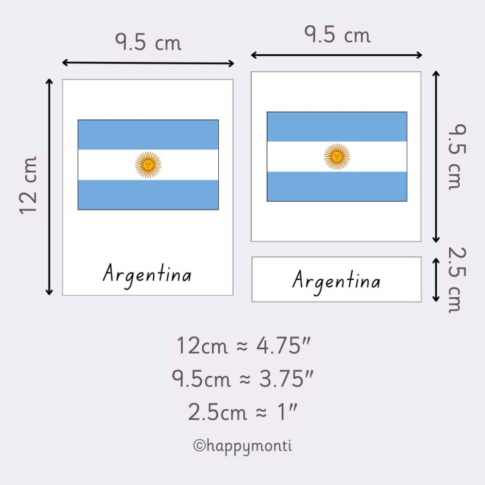 Montessori Flags of South America 3-Part Cards dimensions for the Argentina flag. Includes full card and separated label sizes, ideal for Montessori geography activities and homeschooling.