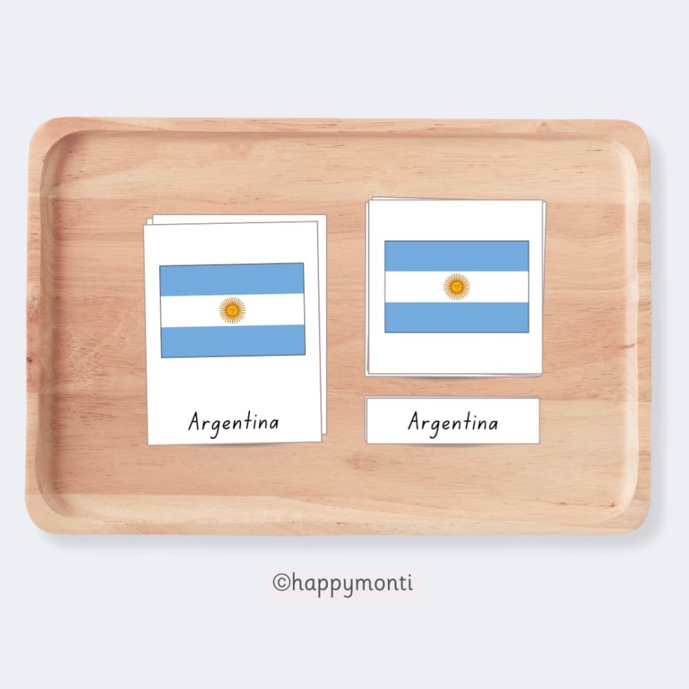 Montessori Flags of South America 3-Part Cards featuring the Argentina flag on a wooden tray. Includes matching cards and labels for geography and cultural studies. Perfect for Montessori classrooms and homeschooling.