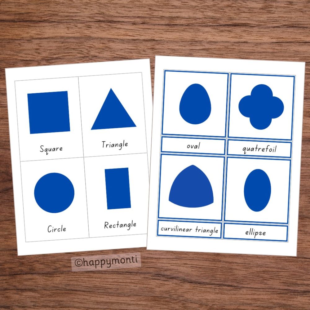 Montessori metal inset 3-part cards featuring geometric shapes like square, triangle, circle, rectangle, oval, quatrefoil, curvilinear triangle, and ellipse. Printable PDF for preschool and kindergarten shape recognition and vocabulary development. Montessori-inspired learning material for early childhood education.