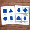Montessori metal inset 3-part cards featuring geometric shapes like square, triangle, circle, rectangle, oval, quatrefoil, curvilinear triangle, and ellipse. Printable PDF for preschool and kindergarten shape recognition and vocabulary development. Montessori-inspired learning material for early childhood education.