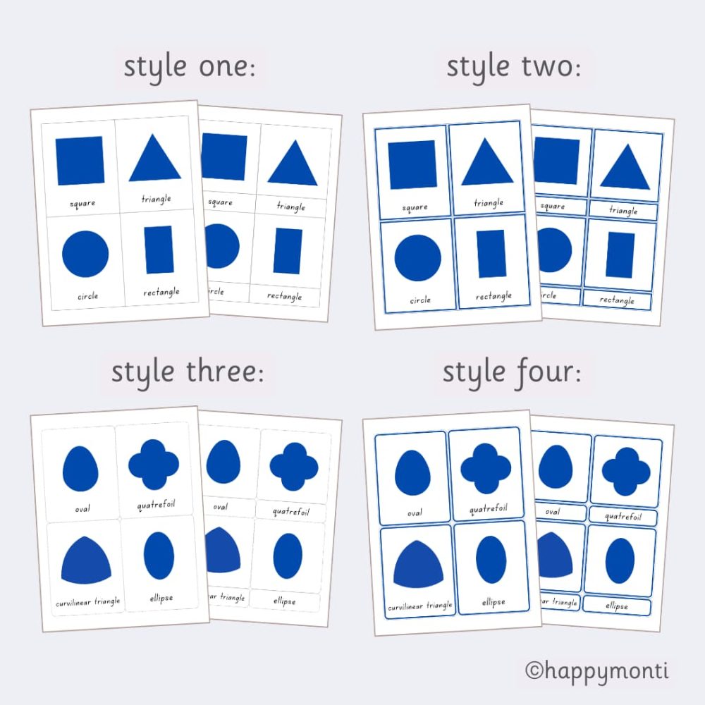 Montessori 3-part cards style variations for metal inset shapes featuring square, triangle, circle, rectangle, oval, quatrefoil, curvilinear triangle, and ellipse. Printable PDF learning materials with four layout styles for preschool and kindergarten shape recognition and vocabulary. Montessori-inspired visual matching activity for early childhood education.