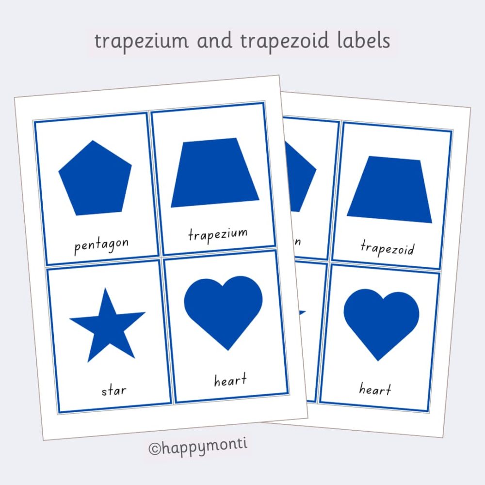 Montessori metal inset shape cards with trapezium and trapezoid labels. Early learning 3-part cards designed to teach shape recognition, and vocabulary development in preschool and kindergarten. Printable PDF control cards for Montessori-inspired geometry and language lessons.