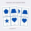 Montessori metal inset shape cards with trapezium and trapezoid labels. Early learning 3-part cards designed to teach shape recognition, and vocabulary development in preschool and kindergarten. Printable PDF control cards for Montessori-inspired geometry and language lessons.