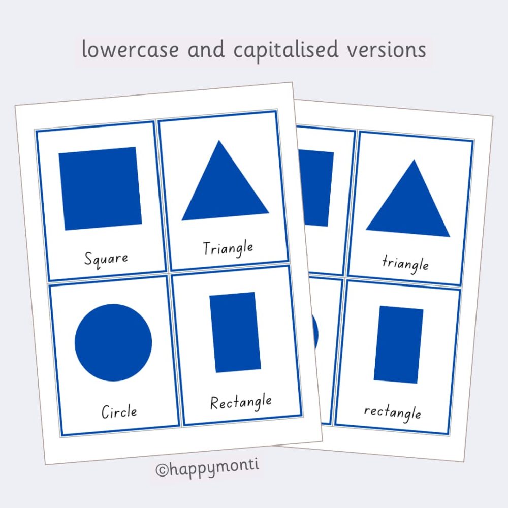 Montessori metal inset shape cards with capitalised and lowercase labels for square, triangle, circle, and rectangle. Early learning 3-part cards designed to teach shape recognition, letter case awareness, and vocabulary development in preschool and kindergarten. Printable PDF control cards for Montessori-inspired geometry and language lessons.