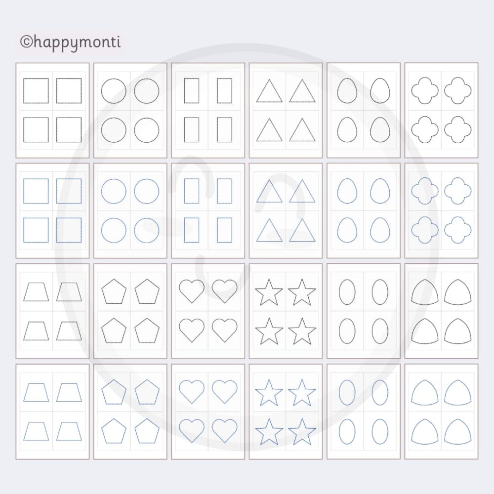 Montessori metal inset shapes pin punching printable with 4 per page, featuring dotted outline geometric shapes like triangle, circle, heart, and star. Fine motor tracing activity for preschool and kindergarten. Montessori pre-writing PDF for homeschool and classroom learning.