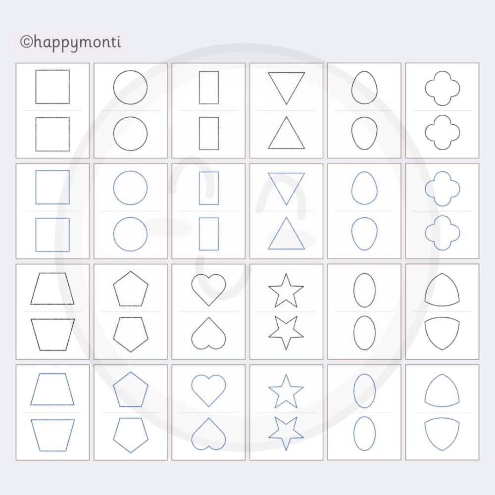 Montessori metal inset shapes pin punching half-page printable cards with dotted outlines of geometric and Montessori shapes including triangle, heart, oval, and star. Fine motor skill and pre-writing tracing activity for toddlers and preschoolers. Educational PDF for Montessori homeschool and classroom use.