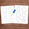 Montessori metal inset shapes pin punching printable sheets with dotted outline shapes like square, circle, heart, and star for fine motor skill and pre-writing practice. Montessori-inspired educational activity for toddlers and preschoolers.