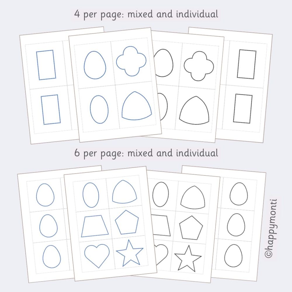 Montessori metal inset pin punching printable pages with 4 and 6 dotted outline shapes per page, including oval, star, heart, trapezoid, and more. Ideal fine motor and pre-writing activity for toddlers and preschoolers using pin punch work. Montessori-inspired educational PDF resource.