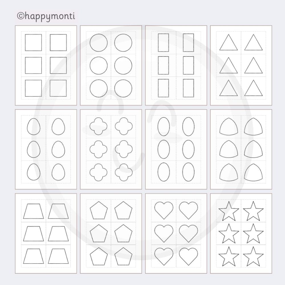 Montessori pin punching printables with 6 black dotted shapes per page including triangle, star, heart, oval, square, and pentagon. Fine motor and pre-writing activity for preschool and kindergarten. Montessori metal inset shapes PDF for tracing, cutting, and pin punching.