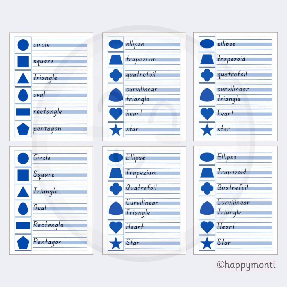 Montessori Write the Room printable label sheets with geometric shapes and names for early writing and shape recognition, including circle, square, triangle, oval, rectangle, pentagon, heart, star, and more.