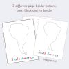 Montessori South America tracing pages with three border styles (pink, black, no border), featuring dotted outlines for handwriting and geography learning. Perfect for Montessori classrooms and homeschool resources.