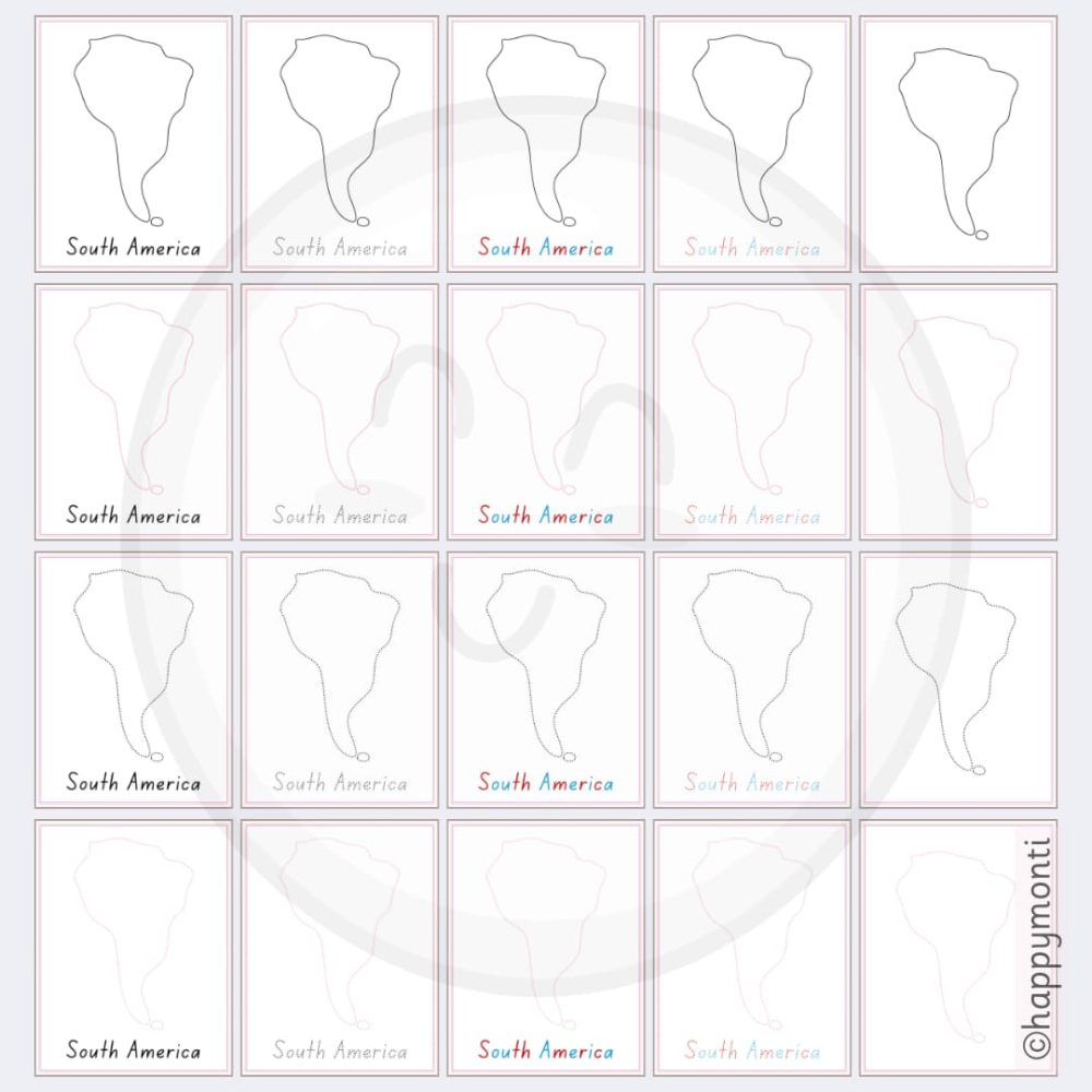 Montessori South America tracing card set showcasing multiple page designs with dotted outlines and handwriting practice. Perfect for geography lessons and fine motor development in Montessori classrooms and homeschooling.