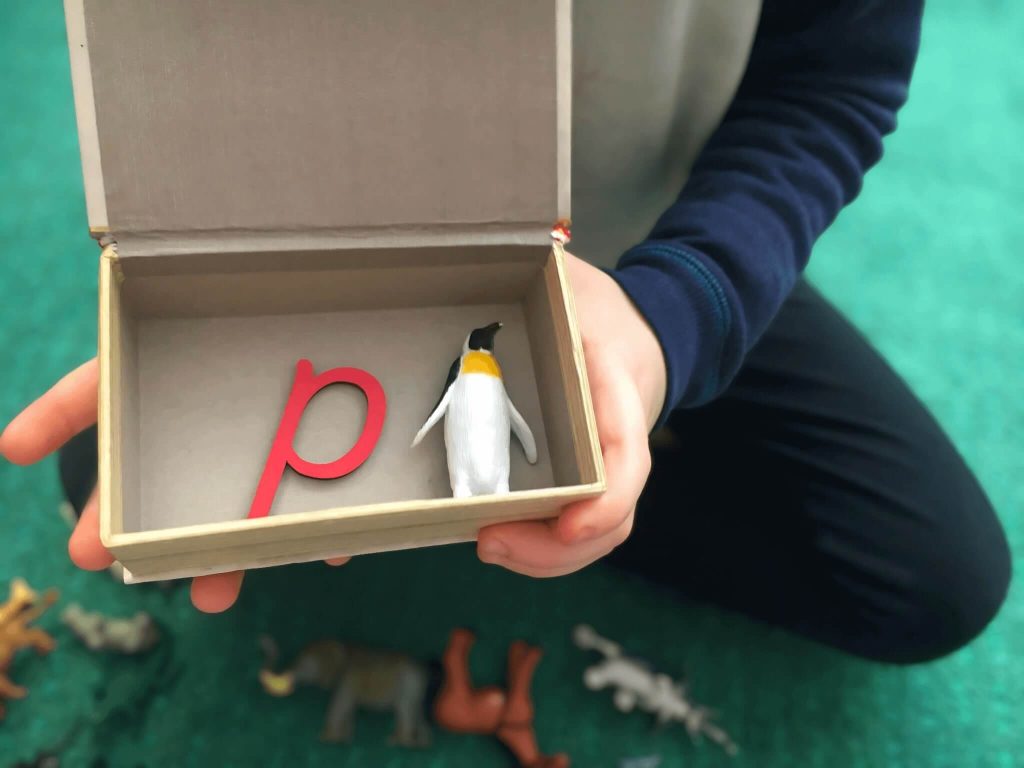 montessori-movable-alphabet-sound-game-penguin-figure (1) boy playing Montessori movable alphabet sound game picture shows boy holding secret box with the letter p and a penguin figure