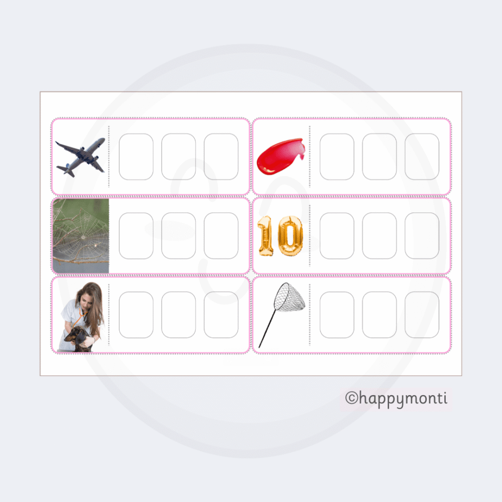 Montessori Pink Series CVC spelling word cards with real-life images and blank letter boxes for early phonics, handwriting, and spelling practice.