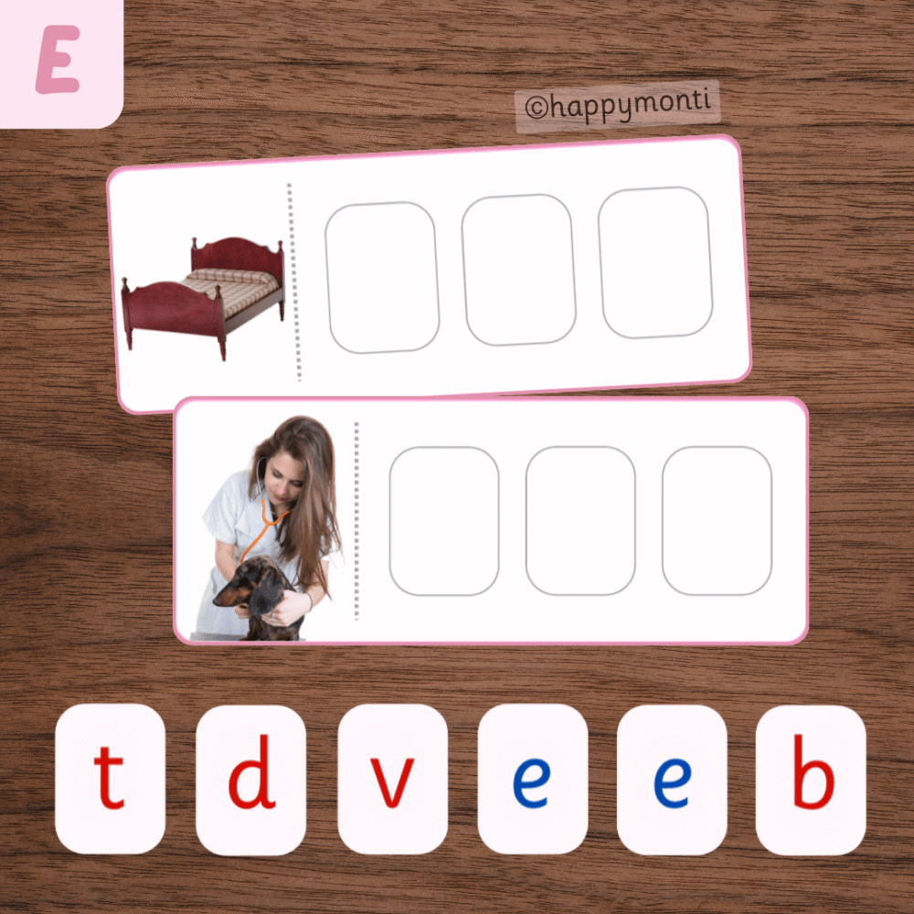 Montessori Pink Series CVC phonics cards with bed and vet word cards above movable alphabet letter tiles for hands-on early spelling, and phonemic awareness practice.
