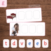 Montessori Pink Series CVC phonics cards with bed and vet word cards above movable alphabet letter tiles for hands-on early spelling, and phonemic awareness practice.