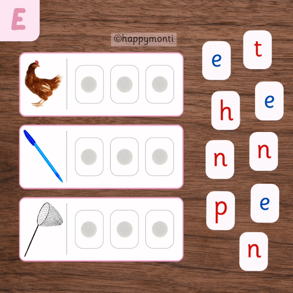 Montessori Pink Series CVC word-building cards with pictures of a hen, pen, and net, shown with red and blue movable alphabet letter tiles for preschool phonics and early reading practice.