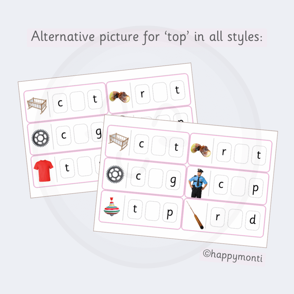 Montessori Pink Series CVC word-building cards with alternative images for “top,” featuring real-life photos and pink phonics templates for preschool and kindergarten literacy activities.
