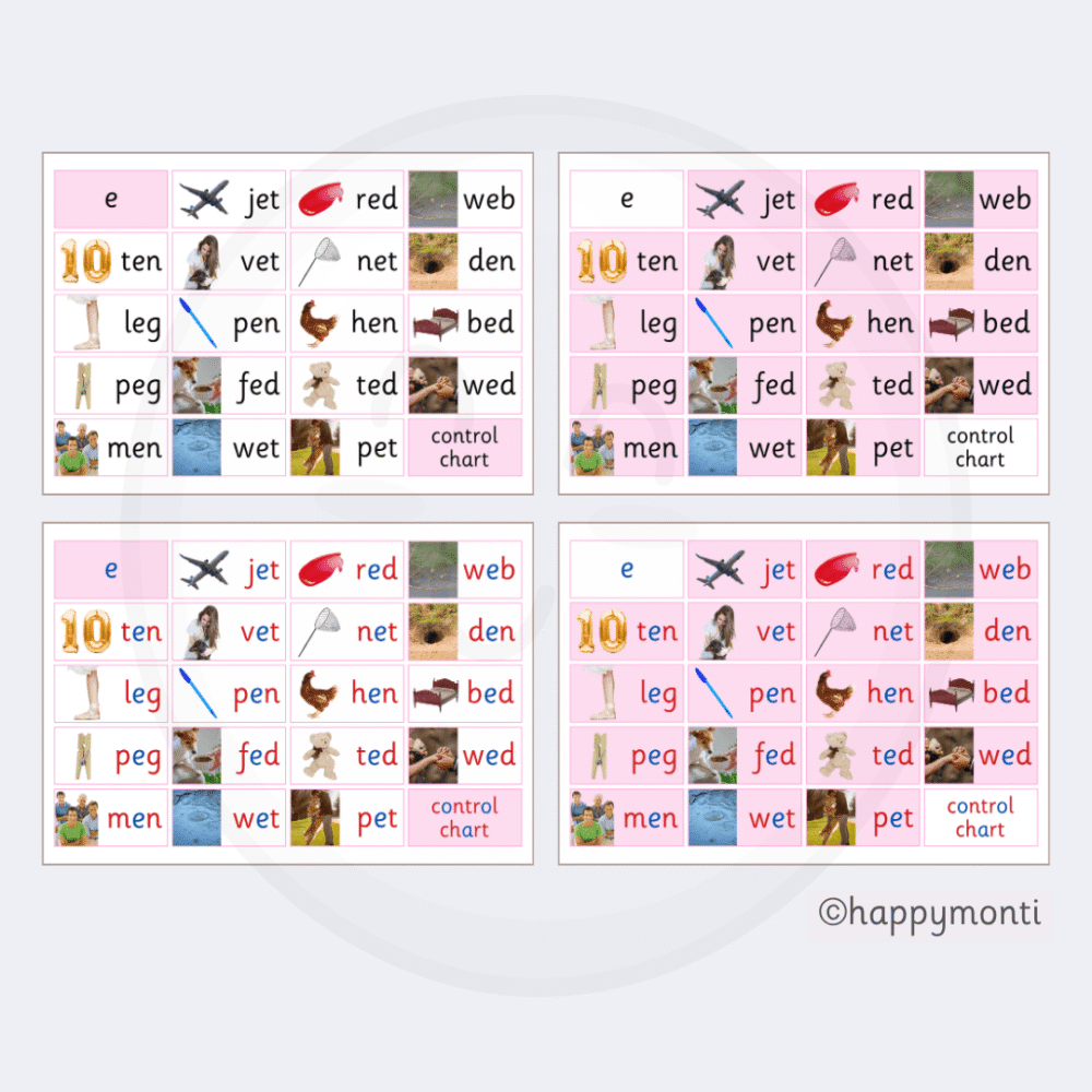 Montessori Pink Series CVC control charts with real-life images and phonetic words for early reading, self-correction, and preschool literacy practice.