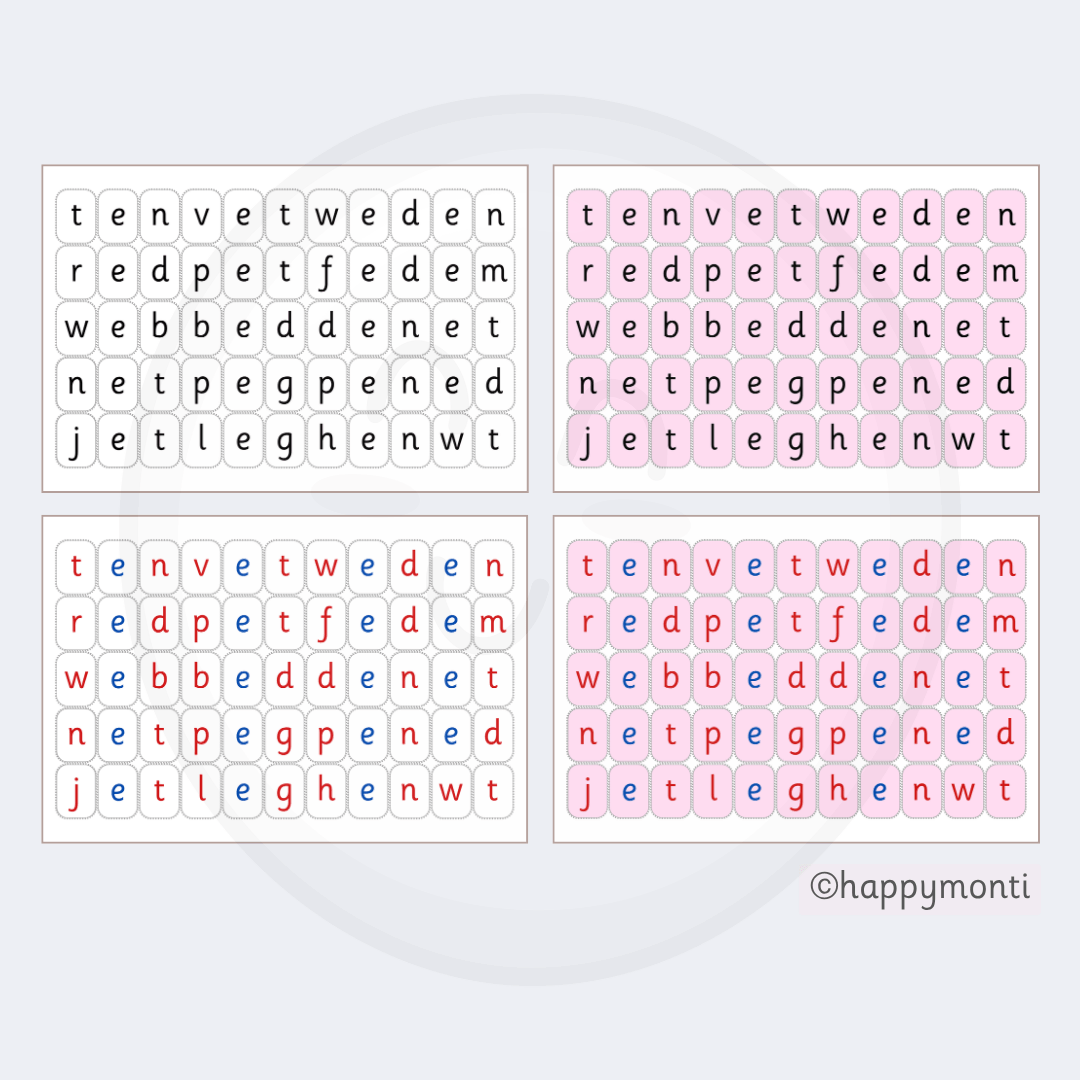 Montessori Pink Series CVC letter tiles in black-and-white and red-and-blue vowel–consonant formats for preschool phonics and early literacy fluency.